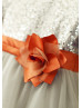 Short Sleeves Silver Sequin Gray Tulle Knee Length Flower Girl Dress